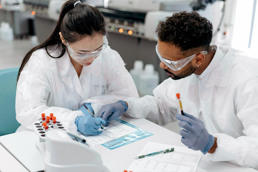 Two scientists in lab coats and safety goggles reviewing data and handling samples in a laboratory.